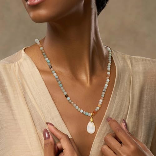 Healing Crystal Necklaces for Women Trendy Natural Stone Beaded Long Pendant Necklaces for Womens Handmade Bohemian Fashion Necklace Jewelry Gift - color: Amazonite
