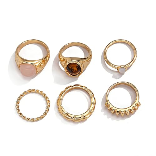Chunky Gold Rings for Women Non Tarnish Boho Stackable Rings Set Adjustable Open Joint Finger Midi Knuckle Ring Packs - color: Gold Chunky Stackable Rings 6Pcs