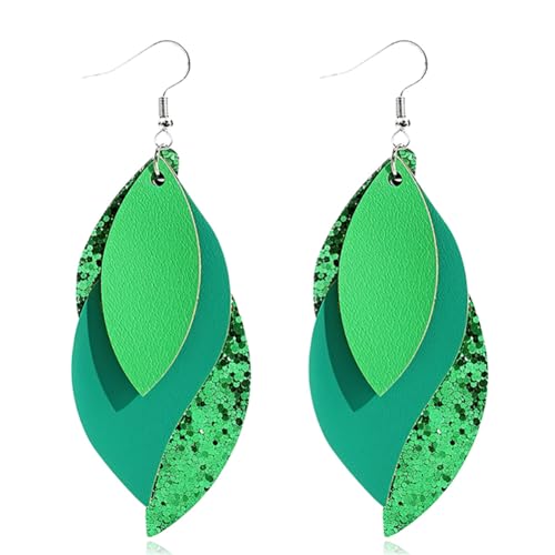 ANXIN boho unique Leather Earrings 2 Layered Lightweight Faux Leather Leaf Earrings Layered Design Drop Earrings Gift for Women - color: Green