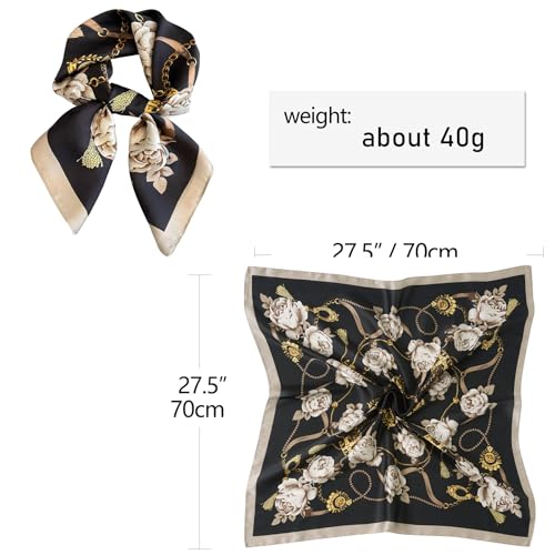 CHUNG Women's Scarf Hair Bandanas Square 27.5" Satin Wrap Fashion Pattern Scarves Emulation Silk Handbag Ribbons Necktie - color: Black Flower-30#