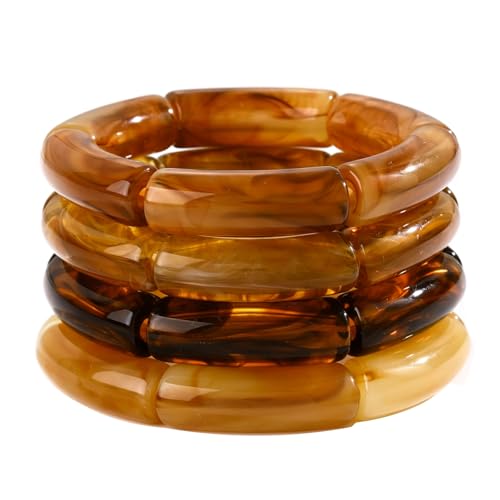 iF YOU 6pcs Chunky Acrylic Bangle Bracelets for Women, Resin Bamboo Brown Stretchy Bracelet Stack, Fashion Jewelry for Women - color: 4 Orange bangles