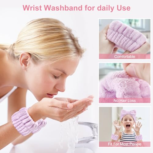 Dorbetar 6Pack Headband and Wristband Set for Washing Face, Spa Skincare Makeup Headband, Soft Puffy Hair Band Bow Tie, for Women and Teen Girl Trendy Stuff Gifts - color: Pink+purple