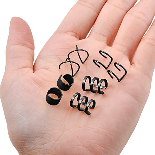 Tornito 4-10 Pairs Stainless Steel Ear Cuff Helix Cartilage Clip On Wrap Earrings Fake Nose Ring Non-Piercing Adjustable - color: F1:10 Pairs, Silver&Black Tone