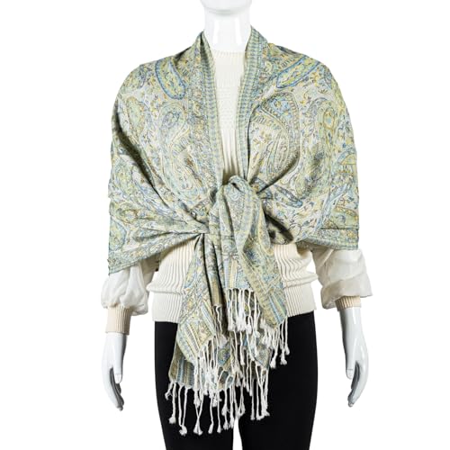 AUSEKALY Pashmina Feel Shawls Wraps for Women Rave Scarf Soft Silky Reversible Men Scarves - color: White Yellow