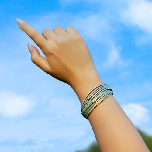 FANCY SHINY Boho Leather Bangle Bracelets Stackable Noodle Tube Bracelets Layered Wrap Cuff Bracelets with Magnetic Clasp - color: Mint