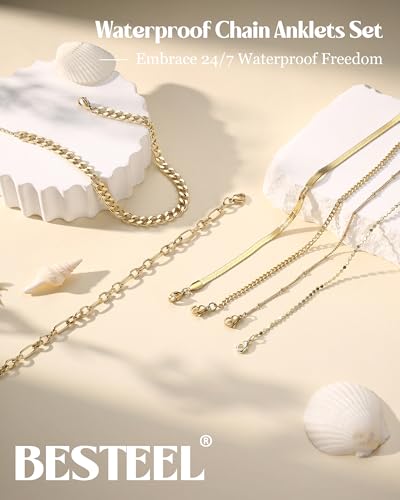 Besteel Ankle Bracelets for Women Waterproof - 14K Gold Plated Non Tarnish Layered Cuban Link Chain Rope Figaro Herringbone Anklets Set Plus Size Anklet Summer Foot Jewelry Gift Adjustable 8-12 Inch - style: 6 Pcs Gold Bead-8.5+2.5 Inch