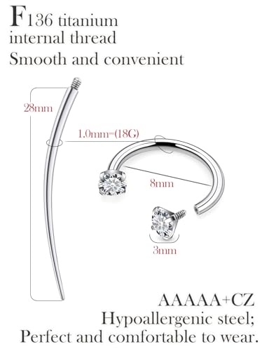 18g Horseshoe Nose Ring F136 Titanium for Women Internal Thread Double Gem Horse Shoe Nose Ring Hoop Cartilage Helix Tragus Earring Hoops Labret Lip Piercing Jewelry Small Septum Rings