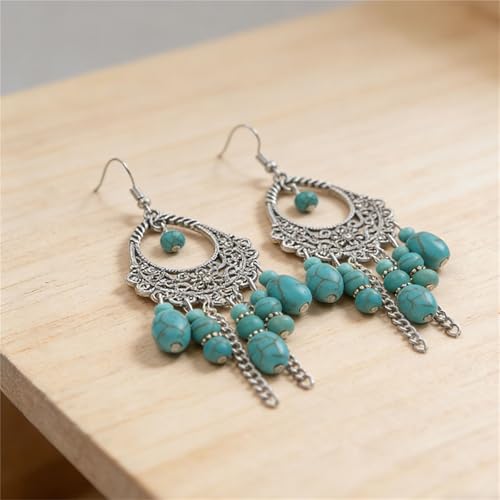 coadipress Bohemian Turquoise Beaded Tassel Earring for Women Ethnic Chandelier Boho Beads Earrings Hollow Out Turquoises Beaded Statement Earrings Ethnic Style Jewelry Gifts - color: Turquoise Tassel