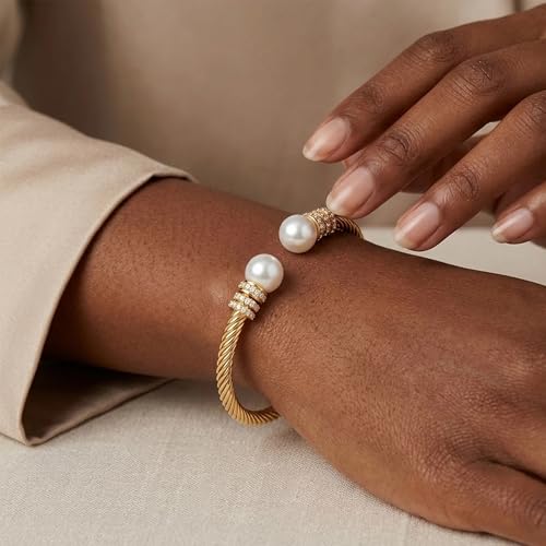 WOWORAMA Twisted Cable Wire Cuff Bracelets for Women Two Tone Gold Silver Cuff Bracelet Unisex Mixed Metal Bangle Bracelets Jewelry - color: Gold Pearl