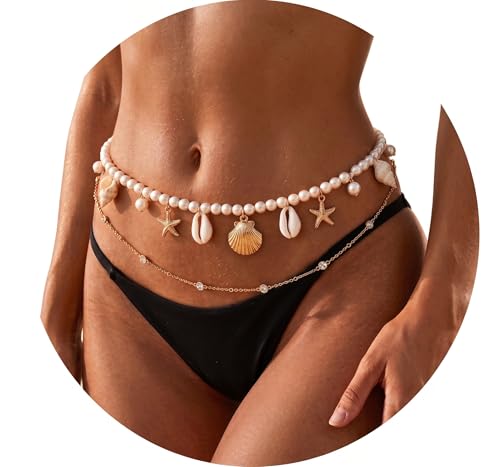 14K Gold Plated Sexy Body Chains for Women - Layered Belly Waist Chain Festival Rave Accessories, 4-in-1 Detachable Pearl Choker Chest Harness Bikini Beach Jewelry