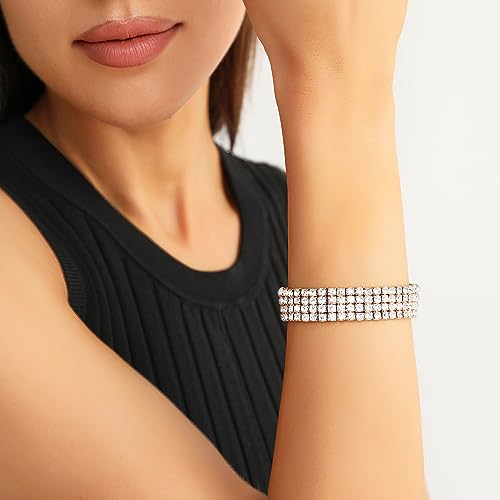 Zealmer Sparkle Multicolor Rhinestone Stackable Stretch Bracelets for Women - color: 4 Row Gold Bracelet