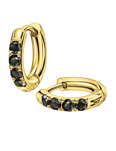 316L Surgical Stainless Steel Huggie Hoop Earrings with Cubic Zirconia, 10G 12G 14G 8-20mm Cartilage Lobe Earrings, 14G Piercing Jewelry - style: 10G 8mm Gold with Black CZ