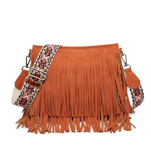 JEN & CO. Sadie Fringe Crossbody Bags for Women Vegan Suede Shoulder Purse with Adjustable Guitar Strap Boho Handbag - color: Brick