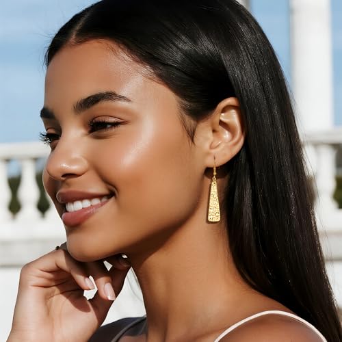 ALEXCRAFT Hammered Silver Dangle Earrings for Women, 14K Gold Plated French Leverback Earrings, Hypoallergenic Lightweight Statement Hammer Square Bar Long Drop Earing for Women Trendy Jewelry Gifts - color: GoldA