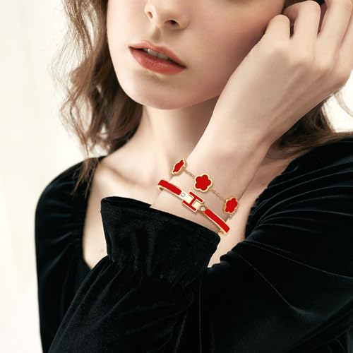 H Bangle & Clover Bracelet for Women - Stainless Steel Fashion Jewelry - 18K Gold Plated H Bangle and Lucky Five Leaf Clover Bracelet - Elegant Bracelets Set - Gift for Women - color: Gold-Red Set