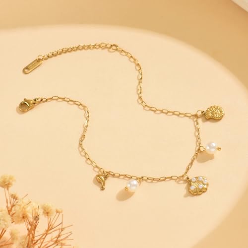 Gold Ankle Bracelets for Women 18K Gold Plated Waterproof Starfish Sea Shell Pearls CZ Diamond Dangle Anklets Trendy Summer Beach Foot Chain Jewelry Gift - style: Shell Pearls-GD