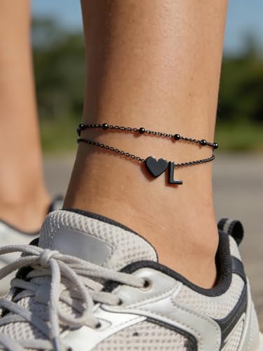 Silvora Ankle Bracelets for Women Waterproof 14K Gold/Silver/Black Initial Anklet for Women Dainty Layered Heart Ankle Bracelets Stainless Steel Adjustable Foot Chain Anklet Summer Beach Jewelry - color: Black-Stainless Steel, size: 12.L