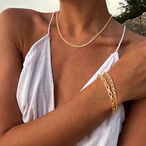 Dremmy Studios Gold Bracelet for Women 18K Gold Plated Dainty Paperclip Cubic Zirconia Disc Coin Star Cable Satellite Bead Pearl Simple Boho Minimalist Stacking Layered Link Jewelry Gift - color: Circles Chain