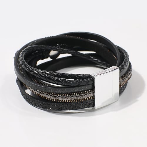 Artilady Leather Wrap Bracelets for Women - Pearl Bracelets Handmade Clasp Bangle Bracelet with Beads Jewelry Gift for Women and Mother - style: Black with druzy