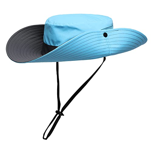 Womens Summer Sun Hat Beach Hat Wide Brim Outdoor UV Protection Hat Foldable Cool Mesh Ponytail Bucket Hat - color: Sky Blue-gray