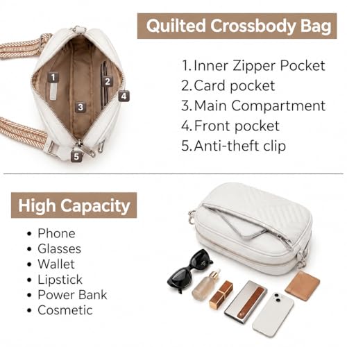 Vantamo Premium Quilted Crossbody Bags for Women with Anti-Pickpocket Clip, Vegan Leather Handbags, Travel Purses for Women - color: White With Jacquard Strap