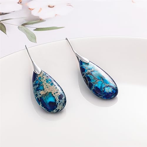 SELOVO Stone Fishhook Dangle Drop Earrings Statement Earrings for Women Stone - color: Dark Blue-Silver Color Hook