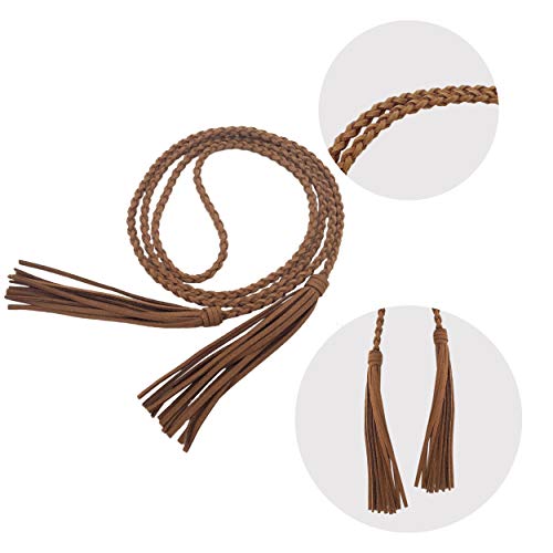 TeeYee Women Girls Braided Waist Tie Belt/Rope with Tassel Wrap Cloth Belts for Dress Pants - color: Tan, size: 63inch