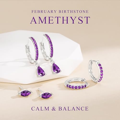 14K Gold Plated Small Huggie Hoop Earrings Set for Women, Hypoallergenic Dainty Sterling Silver Dangle Studs for Cartilage Helix, Lightweight Trendy Cute Stack Birthstone Jewelry Gift - color: 02_Amethyst_Feb_Silver