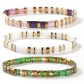 Tila Flat Square Stack Beaded Bracelets Set for Women Men, Boho 3Pcs Romantic Handmade Healing Gold Colorful Stretch Accessories Jewelry, Daily Vacation Party Holiday Friendship Gift - color: Purple White Green