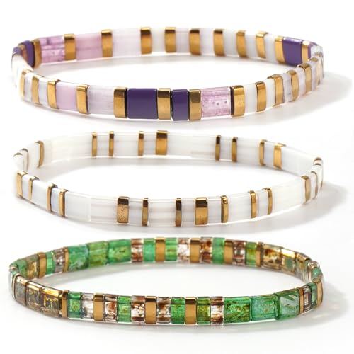 Tila Flat Square Stack Beaded Bracelets Set for Women Men, Boho 3Pcs Romantic Handmade Healing Gold Colorful Stretch Accessories Jewelry, Daily Vacation Party Holiday Friendship Gift - color: Purple White Green