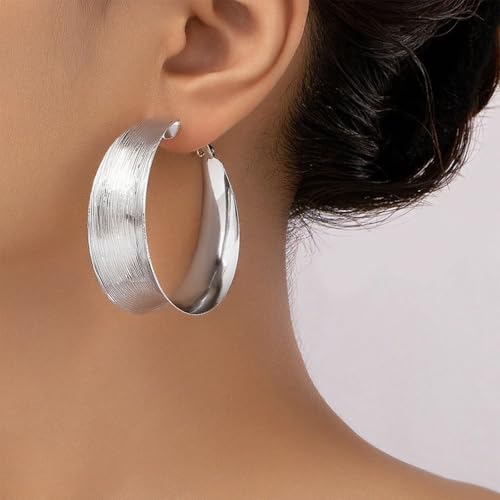 Chunky Gold Circular Statement Hoop Earrings Trendy Texture Large Piercing Dangle Drop Earrings - color: Silver