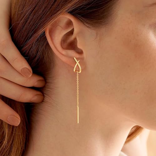 14K Gold Plated Dangle Earrings for Women Chain Dangling Long Earrings Trendy CZ/Twisted X Hoop Studs Dainty Threader Earrings Wedding Hanging Drop Dangly Minimalist Jewelry Gifts for Woman - style: 2