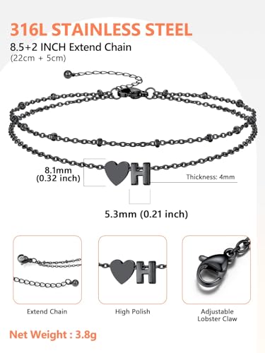 Silvora Ankle Bracelets for Women Waterproof 14K Gold/Silver/Black Initial Anklet for Women Dainty Layered Heart Ankle Bracelets Stainless Steel Adjustable Foot Chain Anklet Summer Beach Jewelry - color: Black-Stainless Steel, size: 08.H