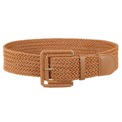 JASGOOD Women Wide Woven Belt for Dresses Rattan Waist Belt Braided Boho Belt with Square Buckle - color: Brown, size: Fit Waist Size 28-32inch
