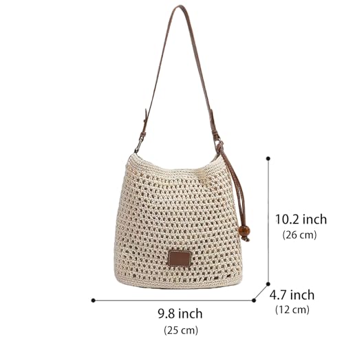 Cotton Fibre Crochet Beach Tote Bag for Vacation,Bohemian Cotton Hobo Shoulder Bag Casual Woven Purse for Women - color: Beige Shoulder Bag