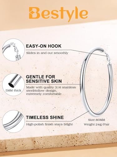 Bestyle 5mm Thick Gold Hoop Earrings Hypoallergenic Hoops for Sensitive Ears Trendy Lightweight Chunky Earrings for Women 30/40/60/80mm - color: 01-Silver, size: 80mm