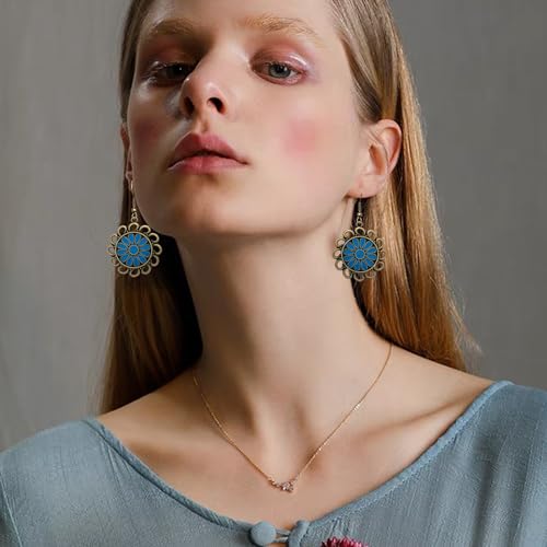 Bohemian Lightweight Vintage Copper Enamel Flower Hollow Dangle Drop Earrings Handmade Retro Circle Floral Hook Earrings For WomenJewelry Gifts - color: Blue
