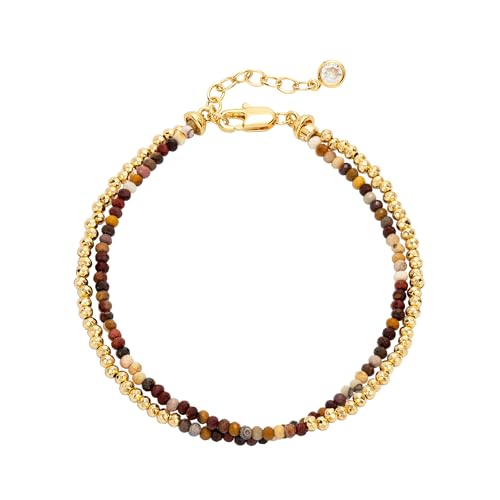 Fettero Beaded Bracelets for Women Charm Natural Stone Handmade Beads White Gold Plated Dainty Gold Bracelets Non Tarnish Boho Summer Beach Vacation Jewelry - color: Brown -Round
