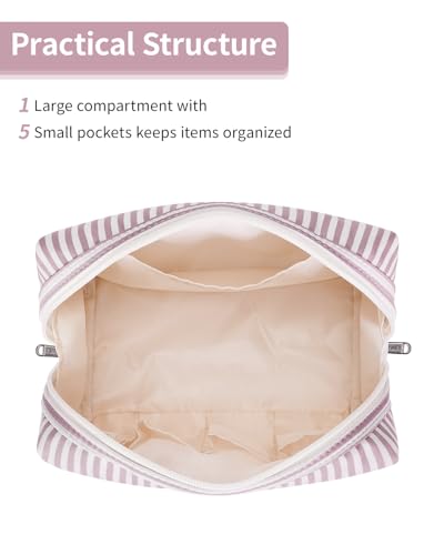 Narwey Striped Makeup Bag Travel Cosmetic Bag Organizer Toiletry Bag Make Up Bags with Compartments for Women Girls (Large, Dusty Rose Stripe) - color: A-Dusty Rose Stripe, style: Large