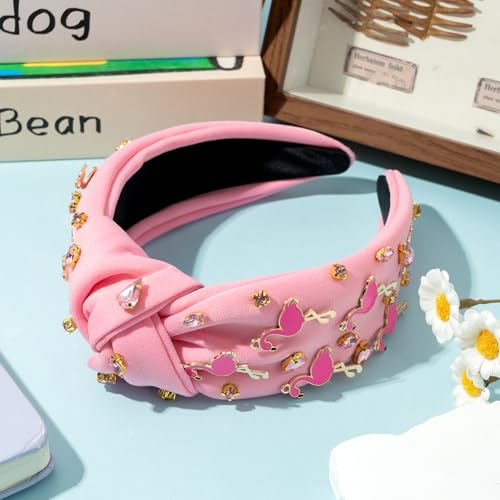 PANTIDE Flamingo Jeweled Knotted Headband - Summer Flamingo Rhinestone Embellished Headband Non Slip Wide Top Knot Hairband Hair Accessories Hawaii Beach Pool Party Birthday Gift for Women Girl (Pink) - color: Pink Flamingo