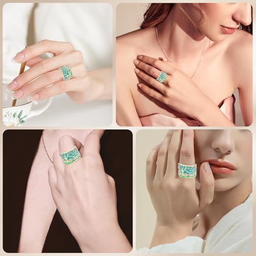 Lucky Flower Tree Rings Gold Pink Opal Green Enamel Wide Ring for Woman Party Crystal Vintage Jewelry