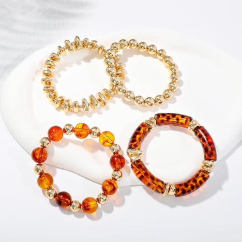 GOOJIDS Simple Beaded Gold Plated Bangles Bracelet Chunky Bamboo Tube Curved Stacking Clear Acrylic Colorful Beads Stretchable Gold Plated Bracelets Set For Women - color: T New Brown Beads Set
