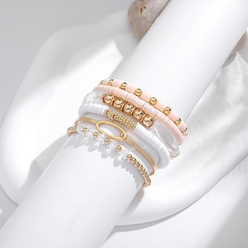 GOOJIDS Simple Beaded Gold Plated Bangles Bracelet Chunky Bamboo Tube Curved Stacking Clear Acrylic Colorful Beads Stretchable Gold Plated Bracelets Set For Women - color: A-A1 Clear Beads Bracelet