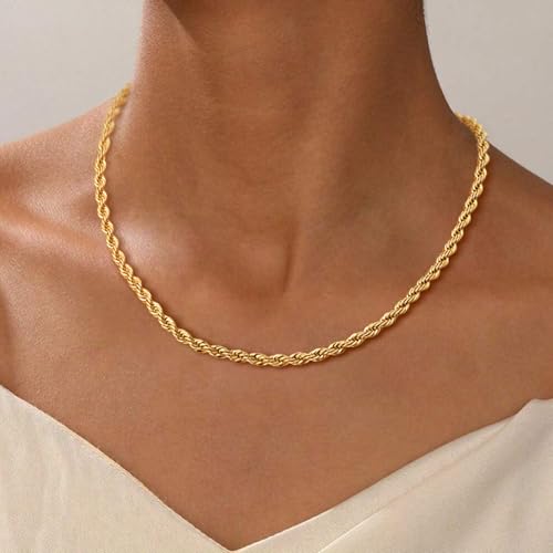 NECOCY 14K Gold Plated Layered Necklace for Women, Dainty Chain Necklace Stackable Trendy Cuban Link Rope Snake Chain Choker Simple Chunky Herringbone Necklace Stack Jewelry Set Gift for Women - style: Rope Chain