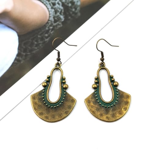 Boho Antique Carved Flower Dangle Drop Earrings for Women Vintage Retro Handmade Hollowed Antiqued Bronze Floral Shaped Geometric Gold Silver Plated Hoop Earrings for Ethnic Style Jewelry Gifts - color: Antique gold