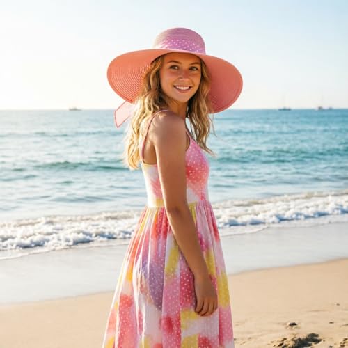 DRESHOW Beach Hats for Women Big Straw Wide Brim Summer Hat Floppy Foldable Roll up Cap Sun Hat UPF 50+ - color: 1 Pc: Pink With White Polka Dots