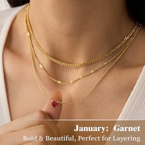 WomenGifts Layered Gold Necklaces for Women, 14K Gold Sterling Silver Plated Dainty Pendant Necklace Set Non Tarnish, Chunky Stackable Cuban Chain Choker, Trendy Birthstone Vacation Jewelry Gift - color: Gold, style: Cubic Zirconia-Created Garnet-Jan