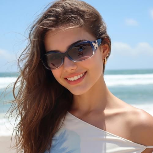 TJUTR Polarized Sunglasses for Women with Wrap Around Butterfly Design, Trendy Jackie-O Style for UV400 Protection - color: A4 Gradient Blue Frame Grey Lenses
