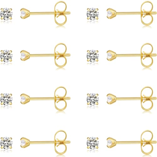 10 Pairs Small Stud Earrings for Women Precision-Cut Cubic Zirconia Earrings for Sensitive Ears Hypoallergenic Surgical Stainless Steel Tiny Stack Earrings for Multiple Piercing - color: Gold-8 Pairs-3mm