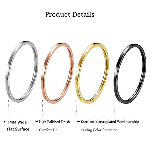 3pcs 1mm Stainless Steel Plain Band Knuckle Stacking Midi Rings for Women Comfort Fit - color: 4pcs Silver+Rose+Gold+Black (Flat)